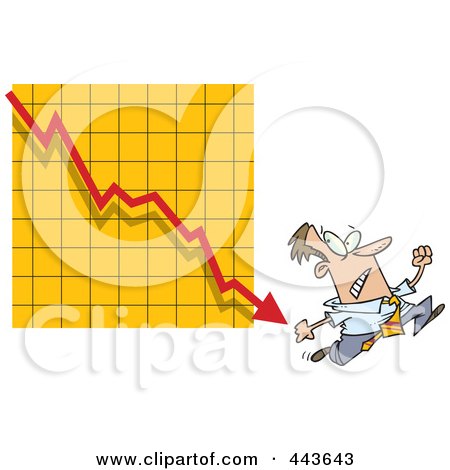 Royalty-Free (RF) Clip Art Illustration of a Cartoon Businessman Running From A Down Arrow by toonaday