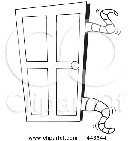 Royalty-Free (RF) Clip Art Illustration of a Cartoon Black And White Outline Design Of Tentacles Opening A Closet Door by toonaday
