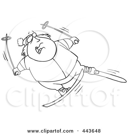 Royalty-Free (RF) Clip Art Illustration of a Cartoon Black And White Outline Design Of A Fat Man Skiing by toonaday