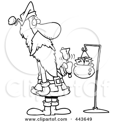 Royalty-Free (RF) Clip Art Illustration of a Cartoon Black And White Outline Design Of Santa Ringing A Bell by toonaday