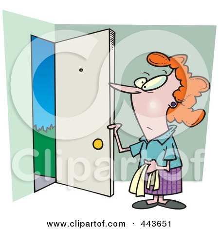 Royalty-Free (RF) Clip Art Illustration of a Cartoon Woman Opening A Door by toonaday