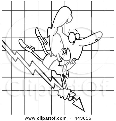 Royalty-Free (RF) Clip Art Illustration of a Cartoon Black And White Outline Design Of A Businesswoman Riding On A Decline Chart Arrow by toonaday