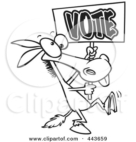 Royalty-Free (RF) Clip Art Illustration of a Cartoon Black And White Outline Design Of A Donkey Carrying A Vote Sign by toonaday