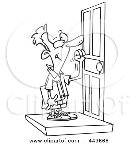 Royalty-Free (RF) Clip Art Illustration of a Cartoon Black And White Outline Design Of A Boy Knocking On A Door by toonaday