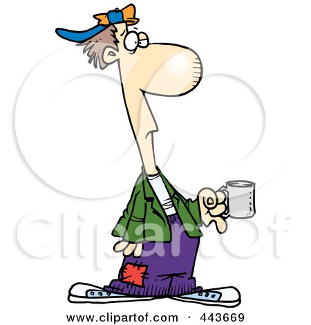 Royalty-Free (RF) Clip Art Illustration of a Cartoon Down And Out Man Holding A Cup by toonaday