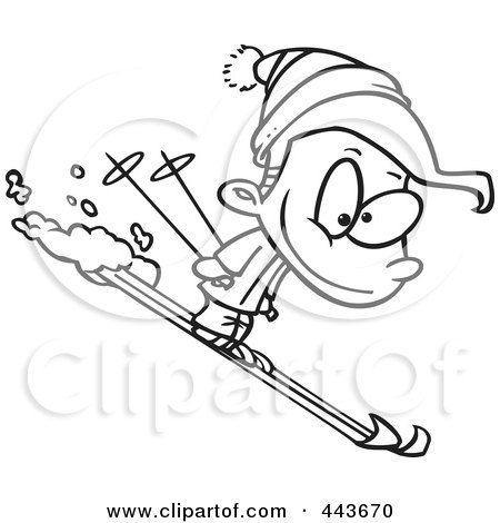 Royalty-Free (RF) Clip Art Illustration of a Cartoon Black And White Outline Design Of A Boy Skiing by toonaday