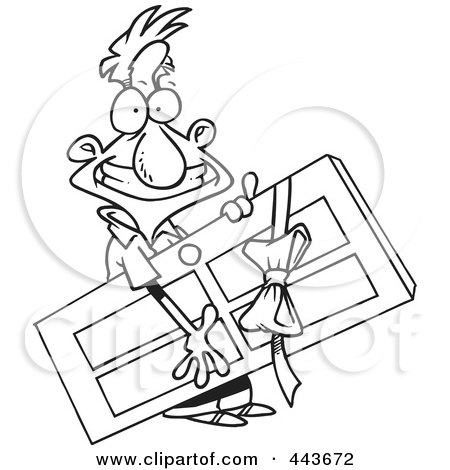 Royalty-Free (RF) Clip Art Illustration of a Cartoon Black And White Outline Design Of A Man Carrying A Door Prize by toonaday