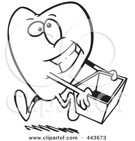 Royalty-Free (RF) Clip Art Illustration of a Cartoon Black And White Outline Design Of A Heart Carrying A Donations Box by toonaday