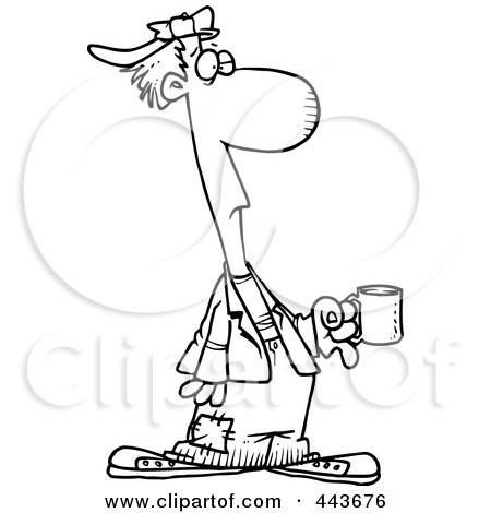 Royalty-Free (RF) Clip Art Illustration of a Cartoon Black And White Outline Design Of A Down And Out Man Holding A Cup by toonaday