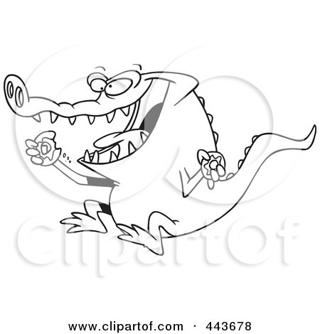Royalty-Free (RF) Clip Art Illustration of a Cartoon Black And White Outline Design Of An Alligator Eating A Donut by toonaday