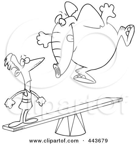 Royalty-Free (RF) Clip Art Illustration of a Cartoon Black And White Outline Design Of An Elephant Jumping On A See Saw To Make A Stunt Man Fly by toonaday