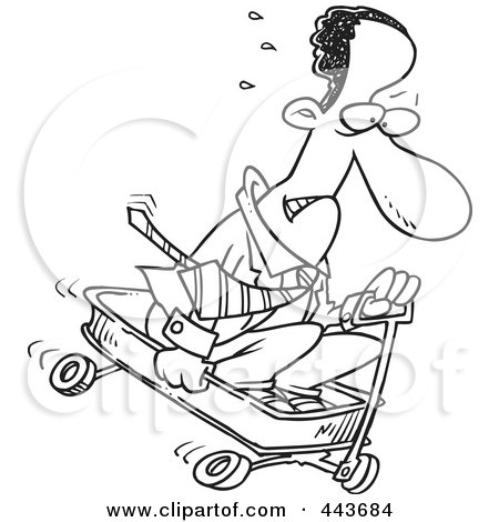 Royalty-Free (RF) Clip Art Illustration of a Cartoon Black And White Outline Design Of A Black Businessman Riding Downhill In A Wagon by toonaday