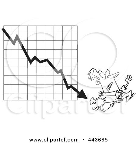 Royalty-Free (RF) Clip Art Illustration of a Cartoon Black And White Outline Design Of A Businessman Running From A Down Arrow by toonaday