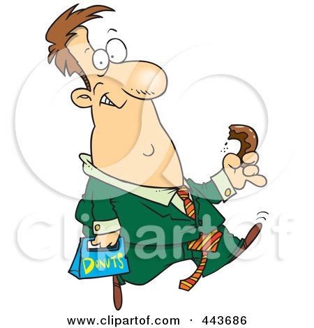 Royalty-Free (RF) Clip Art Illustration of a Cartoon Businessman Walking And Eating A Donut by toonaday