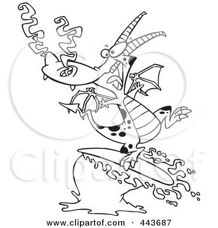 Royalty-Free (RF) Clip Art Illustration of a Cartoon Black And White Outline Design Of A Surfing Dragon by toonaday