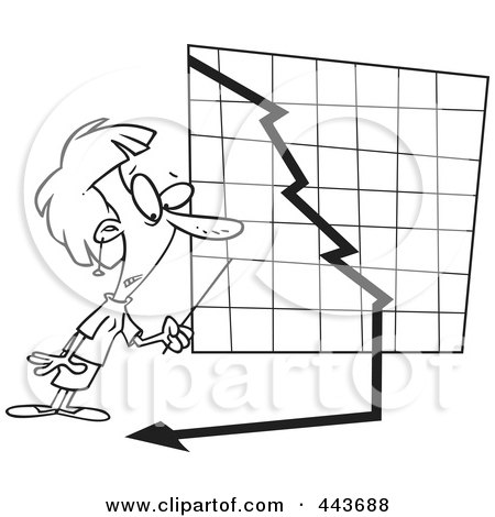 Royalty-Free (RF) Clip Art Illustration of a Cartoon Black And White Outline Design Of A Businesswoman Watching A Down Turn Arrow by toonaday