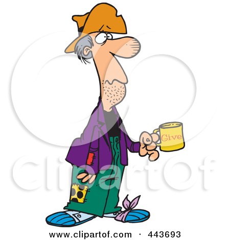 Royalty-Free (RF) Clip Art Illustration of a Cartoon Homeless Man Holding A Charity Cup by toonaday
