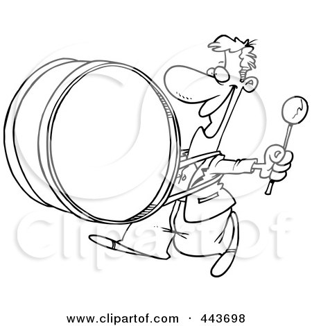 Royalty-Free (RF) Clip Art Illustration of a Cartoon Black And White Outline Design Of A Happy Drummer by toonaday