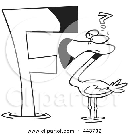 Royalty-Free (RF) Clip Art Illustration of a Cartoon Black And White Outline Design Of A Flamingo Looking At A Letter F by toonaday