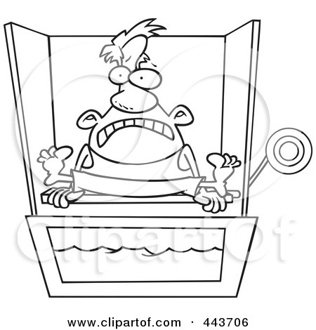 Royalty-Free (RF) Clip Art Illustration of a Cartoon Black And White Outline Design Of A Man Sitting On A Dunk Tank by toonaday