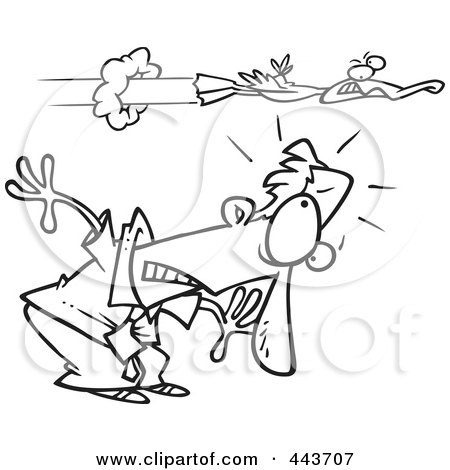 Royalty-Free (RF) Clip Art Illustration of a Cartoon Black And White Outline Design Of A Duck Flying Over A Ducking Businessman by toonaday