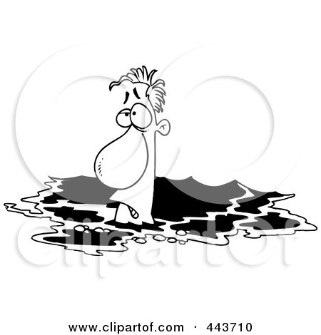 Royalty-Free (RF) Clip Art Illustration of a Cartoon Black And White Outline Design Of A Drowning Man by toonaday