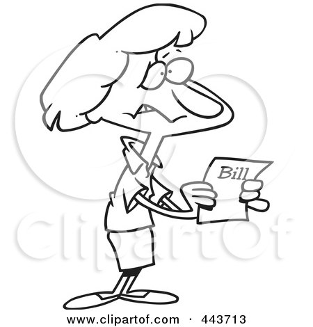 Royalty-Free (RF) Clip Art Illustration of a Cartoon Black And White Outline Design Of A Woman Holding A Past Due Bill by toonaday