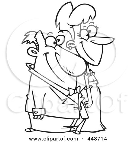 Royalty-Free (RF) Clip Art Illustration of a Cartoon Black And White Outline Design Of A Dressed Up Couple by toonaday