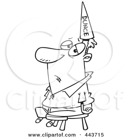 Royalty-Free (RF) Clip Art Illustration of a Cartoon Black And White Outline Design Of A Man Wearing A Dunce Hat by toonaday