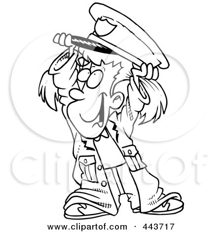 Royalty-Free (RF) Clip Art Illustration of a Cartoon Black And White Outline Design Of A Girl In A Police Costume by toonaday