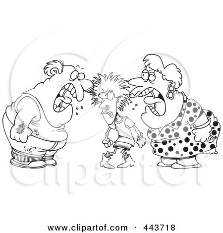 Royalty-Free (RF) Clip Art Illustration of a Cartoon Black And White Outline Design Of A Dysfunctional Family Fighting by toonaday