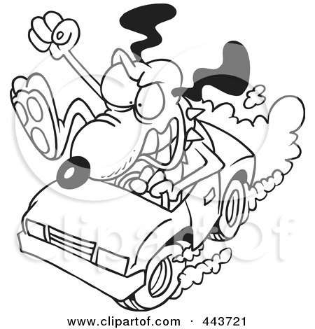 Royalty-Free (RF) Clip Art Illustration of a Cartoon Black And White Outline Design Of A Driving Dog With Road Rage by toonaday