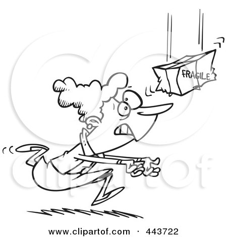 Royalty-Free (RF) Clip Art Illustration of a Cartoon Black And White Outline Design Of A Woman Catching A Fragile Package by toonaday