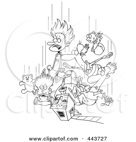 Royalty-Free (RF) Clip Art Illustration of a Cartoon Black And White Outline Design Of Family Members Dropping In by toonaday