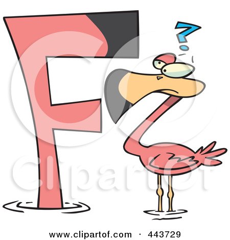 Royalty-Free (RF) Clip Art Illustration of a Cartoon Flamingo Looking At A Letter F by toonaday