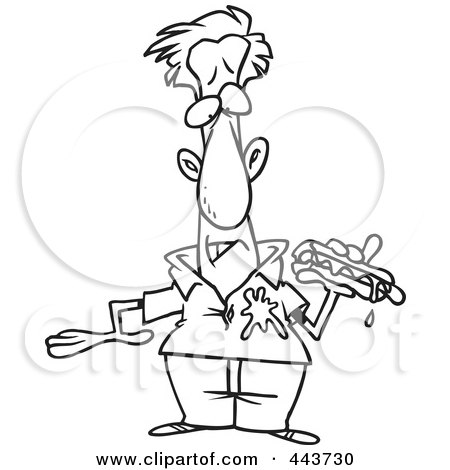 Royalty-Free (RF) Clip Art Illustration of a Cartoon Black And White Outline Design Of A Man Dripping Ketchup On His Shirt by toonaday