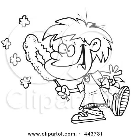 Royalty-Free (RF) Clip Art Illustration of a Cartoon Black And White Outline Design Of A Happy Boy Dusting by toonaday