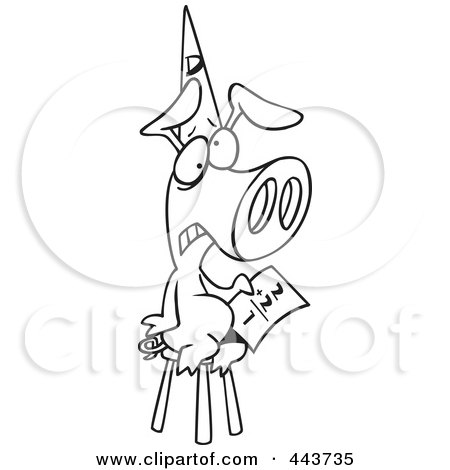 Royalty-Free (RF) Clip Art Illustration of a Cartoon Black And White Outline Design Of A Pig Wearing A Dunce Hat by toonaday