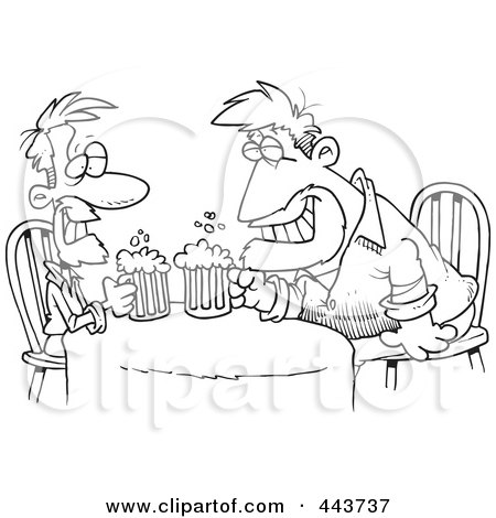 Royalty-Free (RF) Clip Art Illustration of a Cartoon Black And White Outline Design Of Men Having A Drink by toonaday