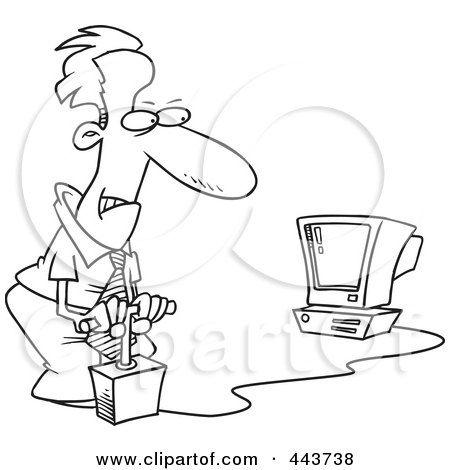 Royalty-Free (RF) Clip Art Illustration of a Cartoon Black And White Outline Design Of A Businessman Blowing Up His Computer With Dynamite by toonaday