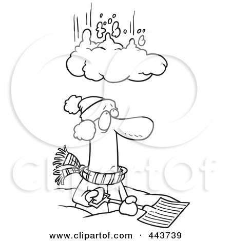 Royalty-Free (RF) Clip Art Illustration of a Cartoon Black And White Outline Design Of A Pile Of Snow Falling On A Man by toonaday
