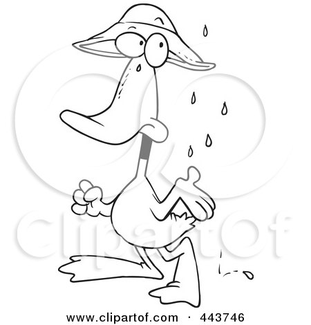 Royalty-Free (RF) Clip Art Illustration of a Cartoon Black And White Outline Design Of A Duck In The Rain by toonaday