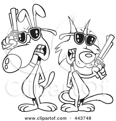 Royalty-Free (RF) Clip Art Illustration of a Cartoon Black And White Outline Design Of A Cat And Dog Duel by toonaday