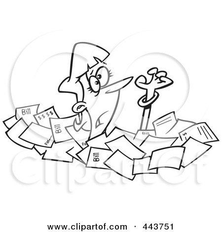 Royalty-Free (RF) Clip Art Illustration of a Cartoon Black And White Outline Design Of A Businesswoman Drowning In Papers by toonaday