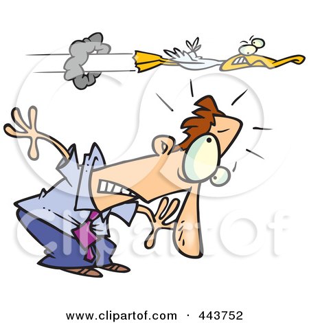 Royalty-Free (RF) Clip Art Illustration of a Cartoon Duck Flying Over A Ducking Businessman by toonaday