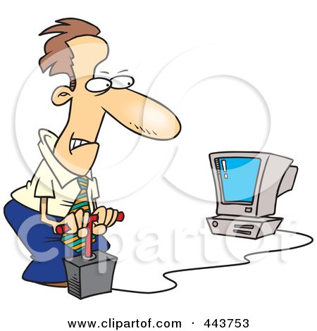 Royalty-Free (RF) Clip Art Illustration of a Cartoon Businessman Blowing Up His Computer With Dynamite by toonaday