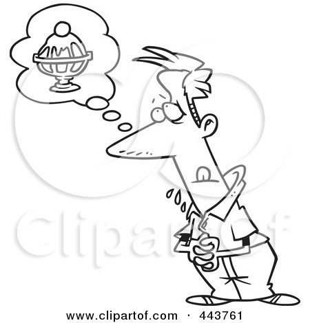 Royalty-Free (RF) Clip Art Illustration of a Cartoon Black And White Outline Design Of A Drooling Man Thinking Of A Sundae by toonaday