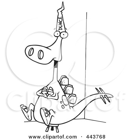 Royalty-Free (RF) Clip Art Illustration of a Cartoon Black And White Outline Design Of A Dinosaur Wearing A Dunce Hat by toonaday