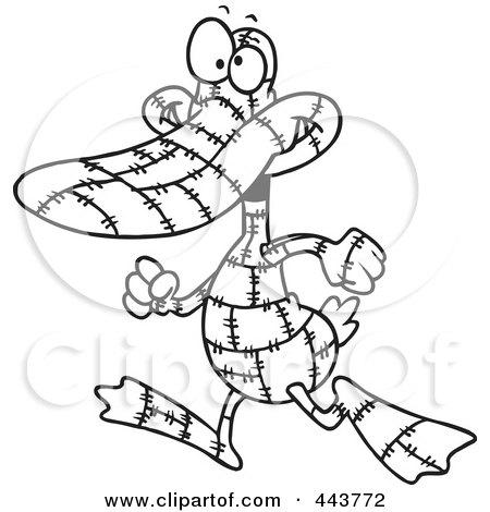 Royalty-Free (RF) Clip Art Illustration of a Cartoon Black And White Outline Design Of A Quilted Duck by toonaday