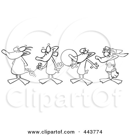 Royalty-Free (RF) Clip Art Illustration of a Cartoon Black And White Outline Design Of Ducks In A Row by toonaday